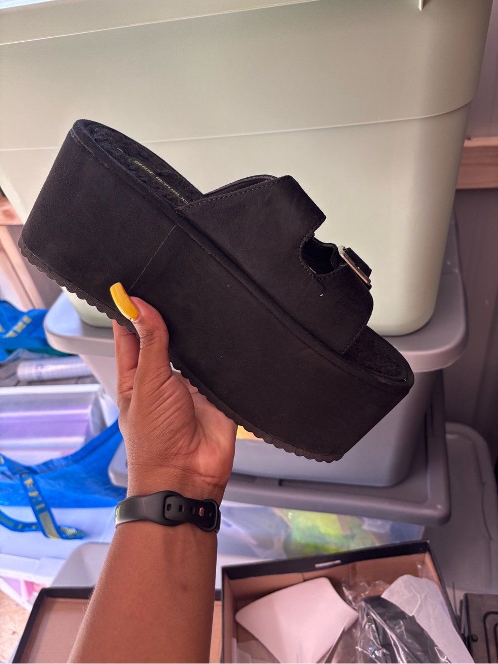 Shoe Republic LA Black Platform Slide with Buckle